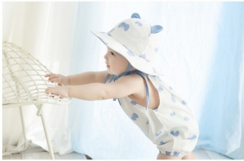 夏季韓版童裝嬰幼兒純棉連體哈衣寶寶爬服連身衣服+帽子套裝